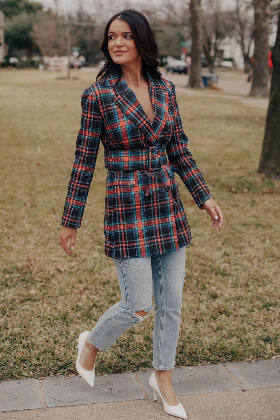 Belted clearance plaid blazer