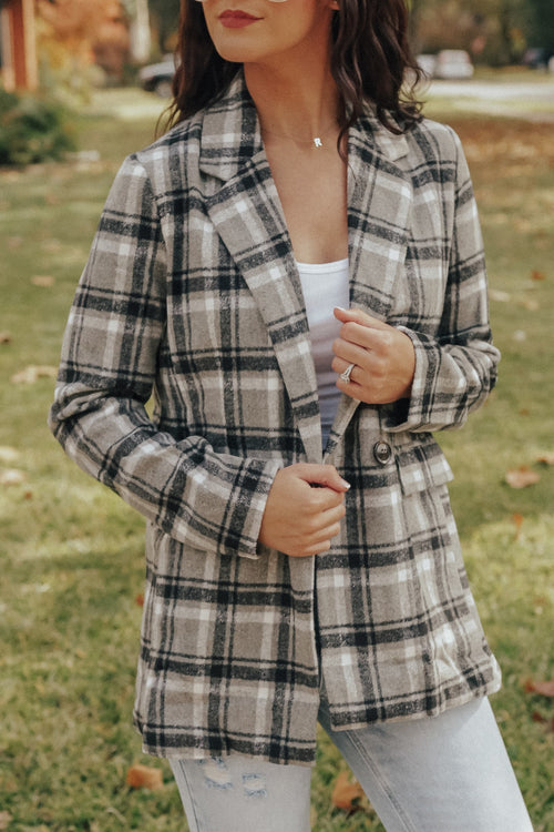 Grey Plaid Double Breasted Coat Jacket