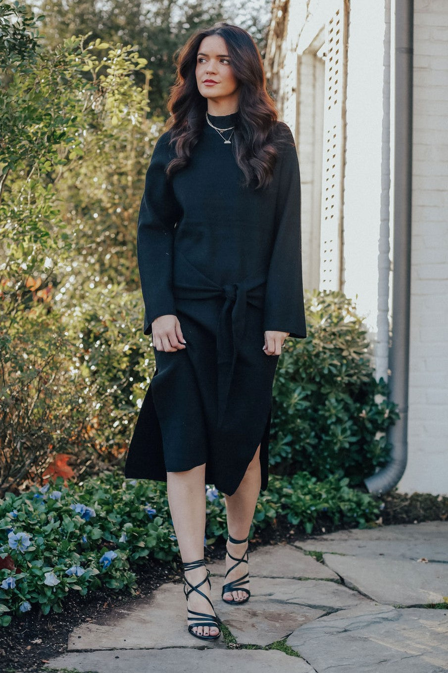 Front Tie Sweater Dress Black Grey Suede