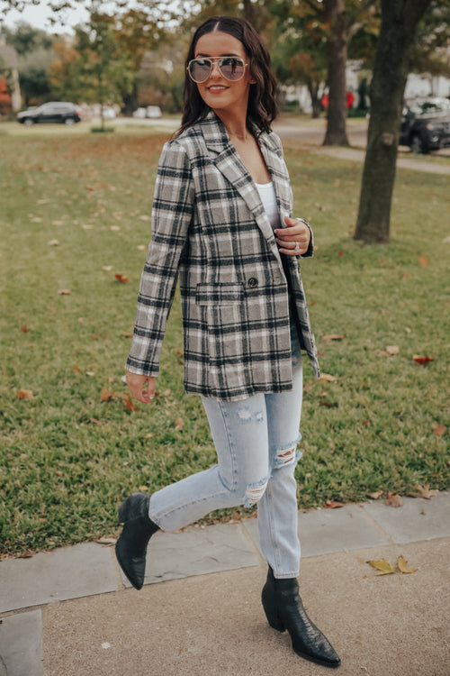 Grey Plaid Double Breasted Coat Jacket