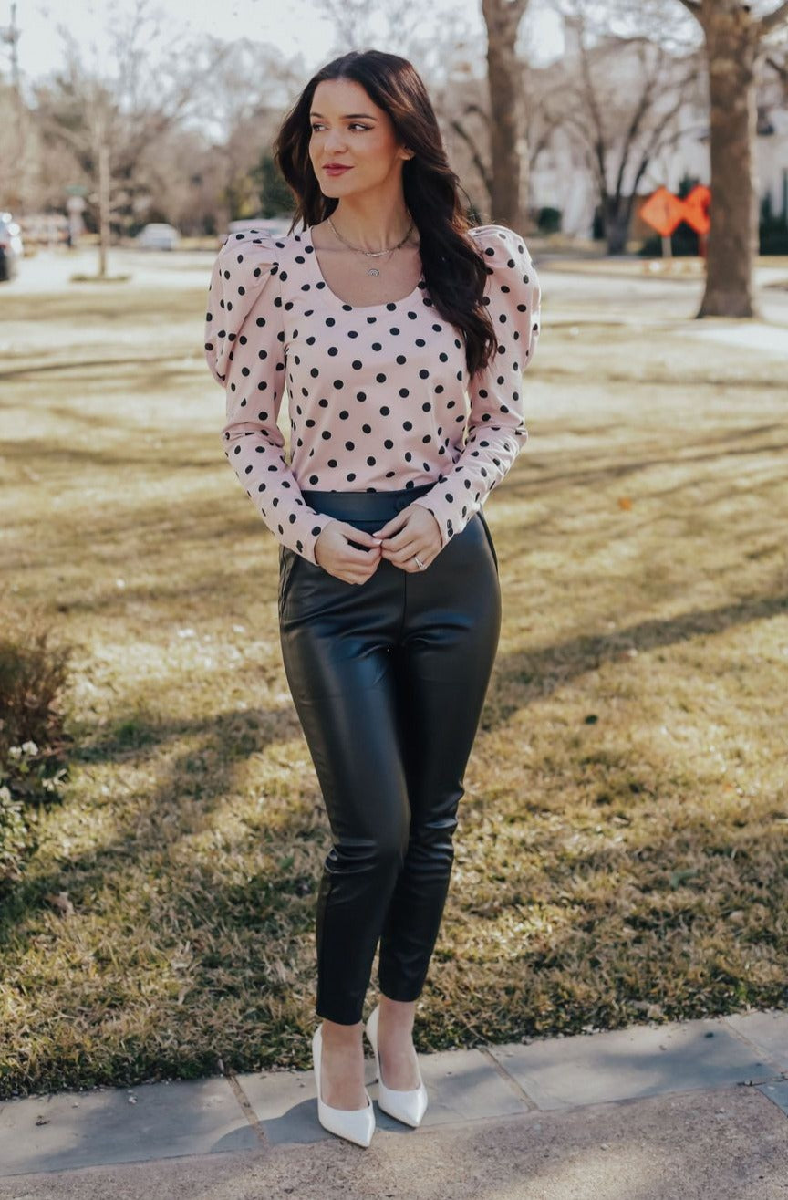 Pink Polka Dot Blouse – Grey Suede