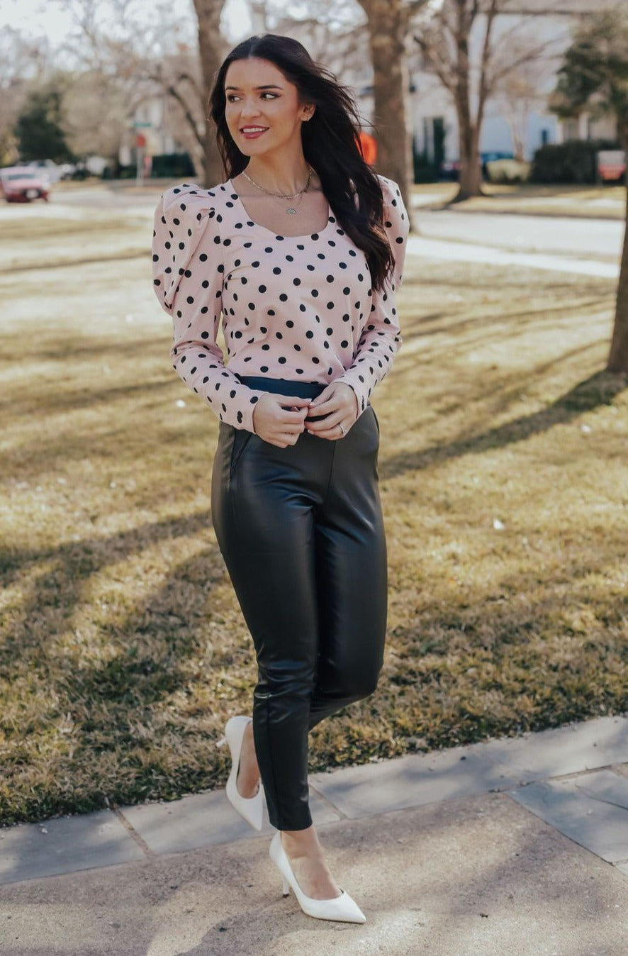 Pink Polka Dot Blouse – Grey Suede