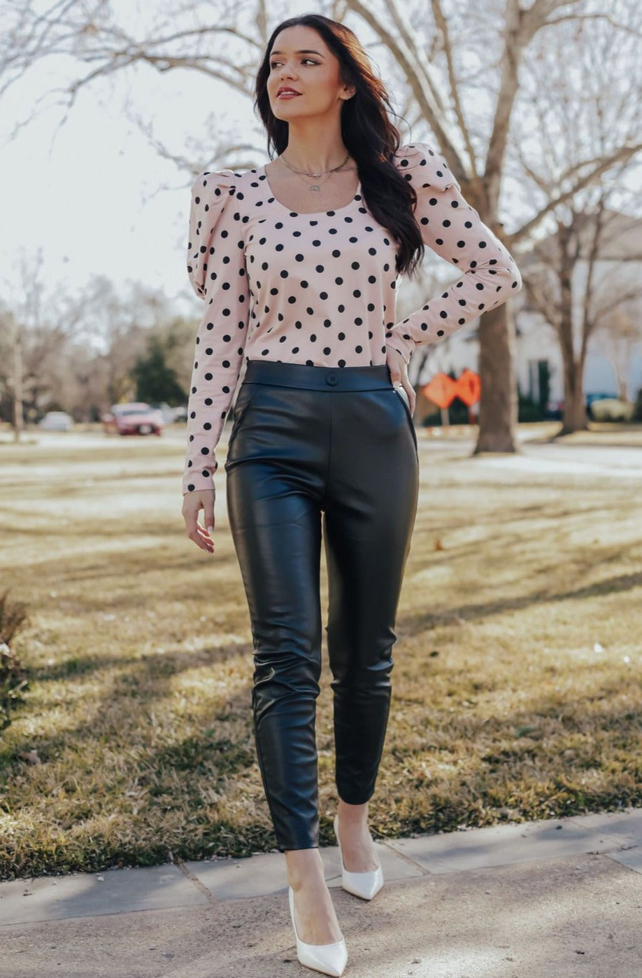 Pink Polka Dot Blouse – Grey Suede