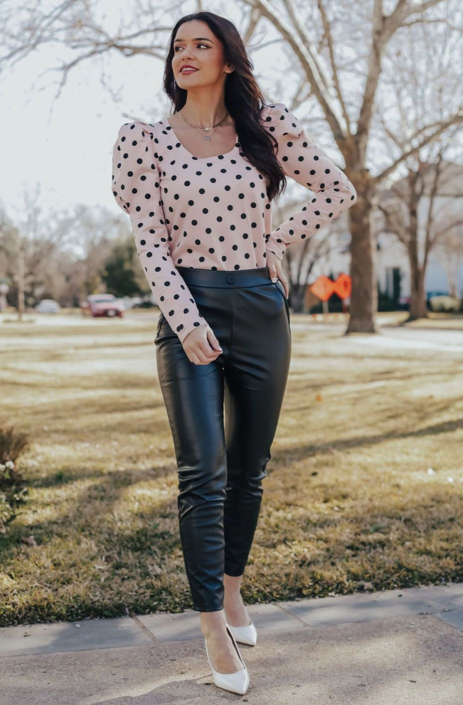 black and white polka dot blouse top