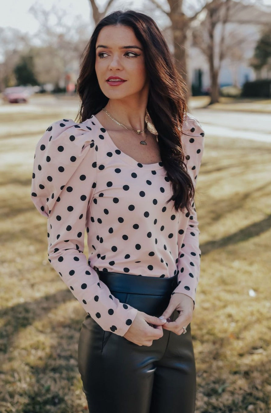 Pink Polka Dot Blouse – Grey Suede