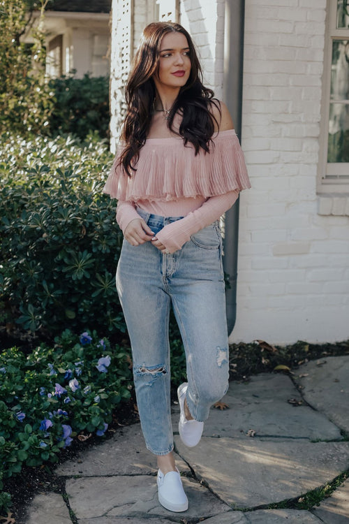 Pink Love Lace Ruffle Off the Shoulder