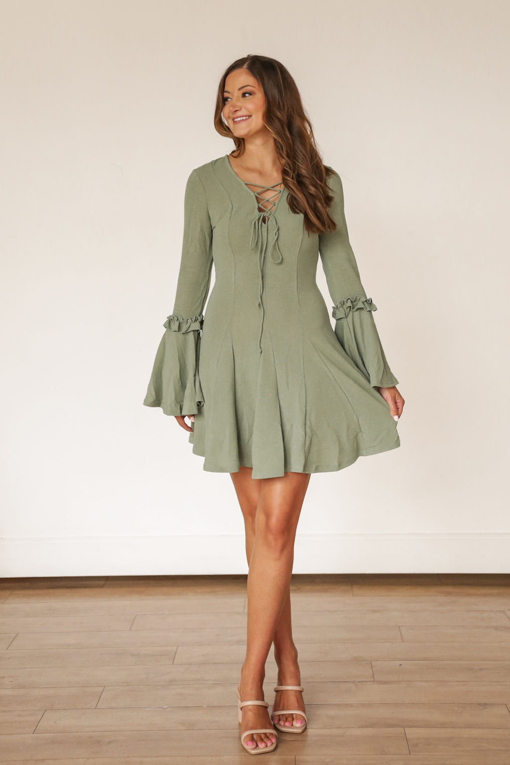 Bell Sleeve Sage Green Dress – Grey Suede