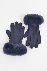 Faux Suede Gloves with Fur (Navy)
