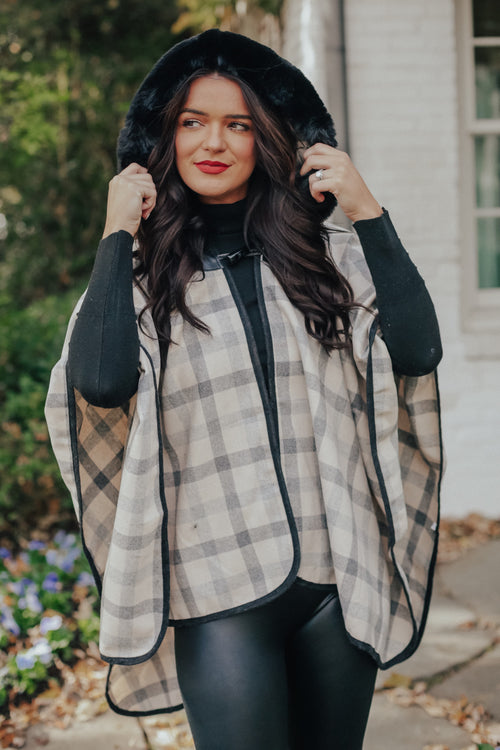 Plaid Fur Hood Poncho