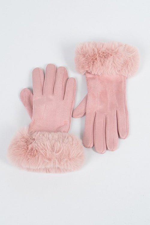 Faux Suede Gloves with Fur (Pink)